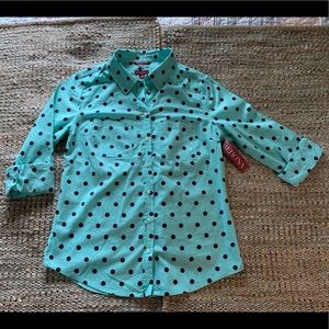 NWT Aqua and Navy Polka Dot Button Down